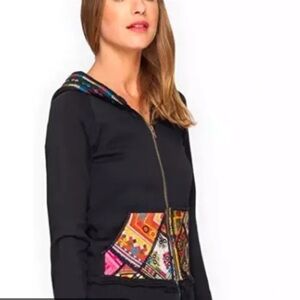 Johnny Was Black Zip-Front Hoodie with Embroidered Patch Pockets